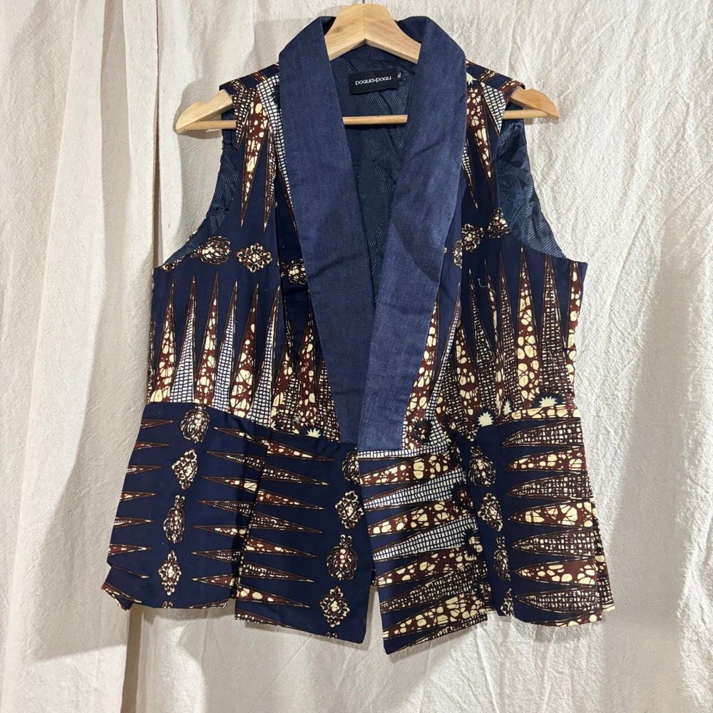 Poqua Poqu Womens XL African Wax Print Peplum Vest Navy Blue Brown Shawl Collar